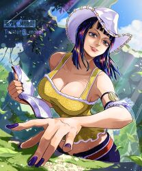 Rule 34 | 1girl, armlet, armpits, artist name, black hair, blue sky, blunt bangs, book, breasts, cleavage, cloud, collarbone, cowboy hat, day, english text, eyelashes, foreshortening, frills, fur trim, green background, hat, head tilt, holding, holding book, large breasts, leaf, light rays, lips, long hair, looking at viewer, medium hair, midriff peek, moroi, nail polish, nico robin, nose, one piece, outdoors, outstretched arm, overgrown, parted lips, perspective, poneglyph, purple nails, ruins, sidelighting, sky, skypiea, sleeveless, smile, solo, tank top, tsurime, twitter username, upper body, white fur, white hat, yellow tank top