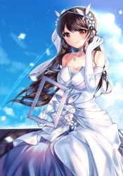 Rule 34 | 1girl, ara haan, bare shoulders, blue sky, blush, breasts, brick wall, bridal veil, brown eyes, brown hair, choker, cleavage, closed mouth, cloud, cloudy sky, collarbone, commentary, day, dress, elbow gloves, elsword, english commentary, flower, framed, gloves, hair flower, hair ornament, hand up, highres, holding, jewelry, large breasts, long hair, looking at viewer, necklace, outdoors, pendant, picture frame, sitting, sky, smile, solo, strapless, strapless dress, veil, very long hair, wedding dress, white choker, white dress, white flower, white gloves, xes (xes 5377), yellow eyes