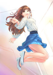 Rule 34 | 1girl, bare legs, brown eyes, brown hair, carina (xiaowoo), glasses, highres, jewelry, jumping, long hair, necklace, no socks, original, shoes, skirt, smile, solo