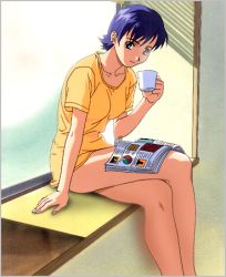 Rule 34 | 1990s (style), 1girl, bare legs, blue hair, crossed legs, cup, day, holding, holding cup, indoors, looking at viewer, lowres, nishino risa, official art, on lap, open magazine, retro artstyle, short hair, short sleeves, smile, solo, window, windowsill, yamada masaki, zenkoku seifuku bishoujo grand prix