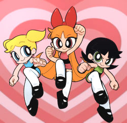 Rule 34 | 3girls, black hair, blonde hair, blossom (ppg), blue eyes, bow, bubbles (ppg), buttercup (ppg), dress, eyelashes, green eyes, hair bow, heart, heart background, highres, kim crab, long hair, looking at viewer, mary janes, multiple girls, orange hair, pantyhose, pink background, pink eyes, powerpuff girls, shoes, short dress, short hair, smile, twintails, very long hair