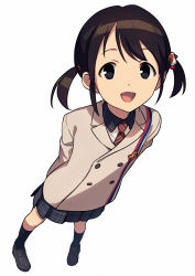 Rule 34 | 1girl, :d, arms behind back, asada hachi, black eyes, black hair, black socks, character request, copyright request, dog hair ornament, foreshortening, hair ornament, highres, kneehighs, loafers, necktie, open mouth, school uniform, shoes, short twintails, smile, socks, solo, twintails, white background