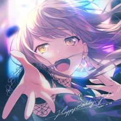 Rule 34 | 1girl, absurdres, bang dream!, bare shoulders, blush, brooch, character name, commentary, dated, earrings, english commentary, english text, fishnets, gem, grey hair, happy birthday, head tilt, highres, jewelry, long hair, looking at viewer, minato yukina, mixed-language commentary, music, nobusawa osamu, open mouth, orange eyes, outstretched arm, purple ribbon, ribbon, singing, smile, solo, teeth, tongue, tongue out, upper body, upper teeth only, wind