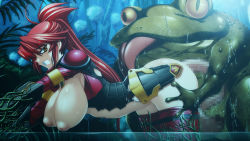 Rule 34 | 1girl, anim, armor, bestiality, breasts, censored, double penetration, frog, game cg, gyakushuu 3, interspecies, large breasts, multiple penetration, ponytail, red hair, sex, vaginal, water, yellow eyes