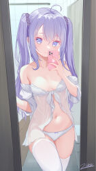 Rule 34 | 1girl, absurdres, ahoge, alternate hairstyle, azur lane, babydoll, blush, breasts, hair between eyes, highres, holding, holding phone, lingerie, navel, panties, phone, purple eyes, purple hair, selfie, signature, small breasts, solo, thighhighs, twintails, underwear, unicorn (azur lane), zuu (qq770463651)