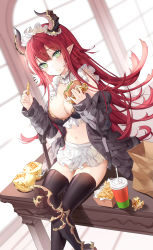 Rule 34 | 1girl, apron, armor, bikini, black jacket, black thighhighs, blush, breasts, burger, chips (food), choker, crossed legs, dragon girl, dragon horns, eating, flipped hair, food, food on face, frilled bikini, frills, gold trim, greaves, green eyes, highres, holding, holding food, horns, jacket, large breasts, long hair, looking at viewer, maid, maid apron, maid bikini, maid headdress, navel, off shoulder, open clothes, open jacket, original, pointy ears, ronopu, sidelocks, sitting, solo, stomach, sweatdrop, swimsuit, tail, thighhighs, thighs, unconventional maid, very long hair
