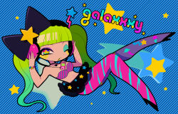 Rule 34 | 1girl, between breasts, blue background, bow, bra, bracelet, breasts, character name, choker, digital media player, eyelashes, eyeshadow, fishnets, galaxxxy, green hair, headphones, high heels, highres, ipod, jewelry, large breasts, legs, lipstick, listening to music, long hair, makeup, makino (c-electro), mole, mole under eye, one eye closed, shooting star, skirt, solo, star-shaped pupils, star (symbol), striped background, striped bra, striped clothes, symbol-shaped pupils, twintails, underwear, yellow lips