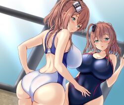 Rule 34 | 2girls, ass, back, black one-piece swimsuit, blue eyes, breasts, brown hair, competition swimsuit, cowboy shot, day, dual persona, highres, kantai collection, large breasts, long hair, looking at viewer, looking back, montemasa, multiple girls, one-piece swimsuit, open mouth, ponytail, rei no pool, saratoga (kancolle), saratoga mk ii (kancolle), side ponytail, smokestack hair ornament, swimsuit, white one-piece swimsuit, window
