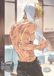Rule 34 | 1boy, back, black pants, blonde hair, blue eyes, blush, couch, highres, holding, indoors, looking back, male focus, multiple scars, natsushio (x2i2a), open door, pants, scar, scar on arm, scar on back, scar on hand, short hair, solo, standing, topless male, towel, towel on head, trigun, twitter username, vash the stampede, wet, wet hair