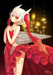 Rule 34 | 1girl, artist name, bare shoulders, blonde hair, body writing, christmas, cowboy shot, dated, dress, flower, fur trim, glowing, hair ornament, hands on own chest, kawaku, lace, light particles, long legs, looking to the side, merry christmas, orange eyes, original, plant, red dress, short hair, skinny, slender, solo, vines