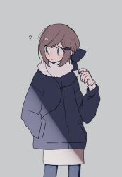 Rule 34 | 1girl, ?, blue eyes, blush stickers, brown hair, earbuds, earphones, expressionless, fish hair ornament, fur collar, hair ornament, hand in pocket, highres, holding, holding earphones, jacket, long sleeves, looking to the side, maco22, original, pantyhose, skirt, solo