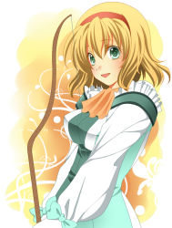 Rule 34 | 00s, 04063, 1girl, ascot, blonde hair, blush, bow, bow (weapon), breasts, collar, female focus, gradient background, green eyes, hairband, natalia luzu kimlasca lanvaldear, orange ascot, ribbon, short hair, smile, solo, tales of (series), tales of the abyss, weapon, white background