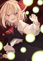 Rule 34 | 1girl, absurdres, ascot, black dress, black skirt, black vest, blonde hair, blush, commentary, danmaku, dress, fang, hair ribbon, highres, looking at viewer, open mouth, outstretched arms, red ascot, red eyes, red ribbon, ribbon, rumia, sabatuki, shirt, short hair, skirt, skirt set, smile, solo, spread arms, symbol-only commentary, teeth, touhou, upper teeth only, vest, white shirt