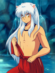 Rule 34 | 1boy, animal ears, dog ears, inuyasha, inuyasha (character), japanese clothes, jewelry, kimono, male focus, necklace, orange eyes, topless male, solo, tennen shiori, undressing, water, waterfall, white hair, yellow eyes