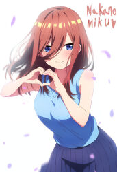 Rule 34 | 1girl, absurdres, bare arms, blue eyes, blue shirt, blue skirt, brown hair, character name, closed mouth, commission, eyebrows hidden by hair, go-toubun no hanayome, hair between eyes, heart, heart hands, highres, leaning forward, long hair, looking at viewer, nakano miku, nuguri444, petals, pixiv commission, pleated skirt, shirt, skirt, sleeveless, sleeveless shirt, smile, solo, standing, straight hair