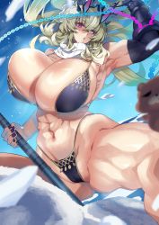 Rule 34 | 1girl, abs, armor, axe, bare shoulders, battle axe, bear, bikini, bikini armor, black bikini, blonde hair, blush, breasts, cameltoe, chain, cleavage, barghest (fate), fairy knight gawain (ice warrior) (fate), fate/grand order, fate (series), gauntlet, gauntlets, gigantic breasts, green eyes, heterochromia, highres, horns, long hair, looking at viewer, muscular, muscular arms, muscular female, muscular legs, navel, open mouth, orion (bear) (fate), pokkora, polar bear, ponytail, red eyes, revealing clothes, scarf, sidelocks, single gauntlet, solo focus, swimsuit, thick thighs, thighs, thong, weapon, white scarf