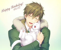 Rule 34 | 10s, 1boy, ^ ^, brown hair, cat, closed eyes, coat, dated, fangs, free!, happy birthday, highres, male focus, mo (nmnme), open mouth, smile, tachibana makoto