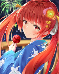 Rule 34 | 1girl, aerial fireworks, azur lane, blue kimono, bridge, candy apple, commentary request, fireworks, floral print, flower, food, hair flower, hair ornament, highres, holding, holding food, honolulu (azur lane), honolulu (among the stalls) (azur lane), japanese clothes, kanaya604, kimono, looking at viewer, night, red eyes, red hair, smile, solo, twintails, water, yukata