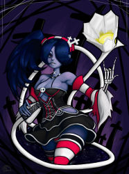 Rule 34 | 1girl, absurdres, alternate costume, blue hair, blue skin, cleavage cutout, clothing cutout, colored skin, detached sleeves, hair over one eye, hairband, highres, leviathan (skullgirls), microphone, panties, phonograph, purple background, red eyes, sansenyama, side ponytail, skeletal arm, skirt, skullgirls, smile, solo, squigly (skullgirls), stitched mouth, stitches, striped clothes, striped panties, striped sleeves, striped thighhighs, thighhighs, underwear, upskirt