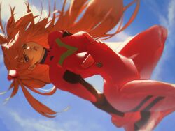 Rule 34 | 1girl, artist request, blue sky, bodysuit, breasts, brown hair, highres, interface headset, lips, long hair, looking at viewer, medium breasts, neon genesis evangelion, plugsuit, red bodysuit, shiny clothes, simple background, sky, solo, souryuu asuka langley, standing, two side up, very long hair, wide hips