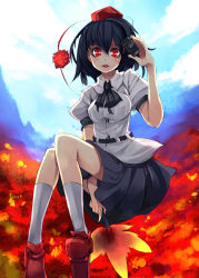 Rule 34 | 1girl, black hair, blush, camera, female focus, geta, hat, looking at viewer, open mouth, red eyes, shameimaru aya, short hair, skirt, smile, solo, staring, tengu-geta, tokin hat, touhou, ukyo rst