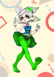 Rule 34 | 1girl, bare shoulders, black panties, blue dress, bow-shaped hair, breasts, cleavage, cross-shaped pupils, detached collar, dress, earrings, full body, gloves, gradient hair, green hair, green pantyhose, grey hair, hands up, highres, inkling, jewelry, koharu2.5, marie (splatoon), mole, mole under eye, multicolored hair, navel, nintendo, no shoes, open mouth, panties, pantyhose, pointy ears, red pupils, short dress, short hair, solo, splatoon (series), splatoon 1, symbol-shaped pupils, tentacle hair, two-tone hair, underwear, white gloves, yellow eyes