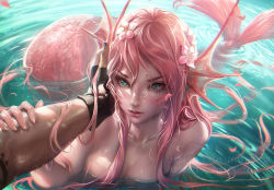Rule 34 | 1boy, 1girl, breasts, fins, green eyes, looking at viewer, mermaid, monster girl, original, partially submerged, pink hair, pov, sakimichan, solo focus, water