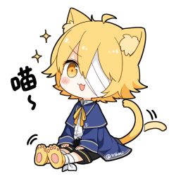 Rule 34 | 1boy, animal ears, bandages, bandage over one eye, bandaged leg, bandages, black shorts, blonde hair, blue capelet, blue jacket, blush, capelet, cat boy, cat ears, cat tail, commentary, dal segno (symbol), jacket, looking at viewer, male focus, minahoshi taichi, oliver (vocaloid), open mouth, paw shoes, shirt, shoes, shorts, sitting, sparkle, tail, tail wagging, translated, v-shaped eyebrows, vocaloid, white background, white shirt, yellow eyes