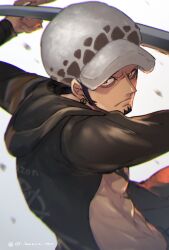 Rule 34 | 1boy, archived source, bad id, bad twitter id, black coat, coat, earrings, facial hair, goatee, hat, holding, holding sword, holding weapon, jewelry, looking at viewer, male focus, one piece, potechi norisio, sideburns, simple background, solo, sword, trafalgar law, upper body, weapon
