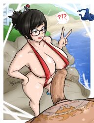 Rule 34 | !, !?, 1boy, 1girl, ?, absurdres, bikini, blush, breasts, brown eyes, brown hair, clothed female nude male, erection, fat, fat man, glasses, highres, large breasts, large penis, long hair, looking at penis, looking at viewer, male pubic hair, mei (overwatch), nayaase beleguii, nude, open mouth, overwatch, partially undressed, penis, penis awe, penis to breast, pov, pubic hair, roadhog (overwatch), slingshot swimsuit, speech bubble, surprised, swimsuit, tattoo, thong bikini, v, water
