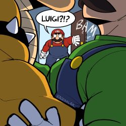 Rule 34 | 0 0, 3boys, bara, bowser, brothers, brown hair, caught, english text, facial hair, furry, furry male, head out of frame, highres, imminent kiss, jealous, large pectorals, luigi, male focus, mario, mario (series), multiple boys, muscular, muscular male, mustache, nintendo, open door, overalls, pectorals, racesolar, short hair, siblings, speech bubble, super mario bros. 1, wide-eyed, yaoi