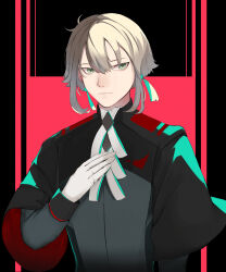 Rule 34 | 1boy, absurdres, asticassia school uniform, banno watari, black background, closed mouth, commentary request, earrings, elan ceres, expressionless, gloves, green eyes, gundam, gundam suisei no majo, hair between eyes, hand on own chest, highres, jewelry, layered sleeves, long sleeves, looking at viewer, male focus, multicolored hair, necktie, partial commentary, red background, school uniform, short hair, short over long sleeves, short sleeves, tassel, tassel earrings, two-tone hair, upper body, white gloves, white necktie, wide sleeves