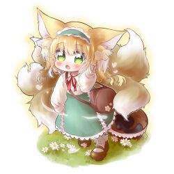 Rule 34 | 1girl, absurdres, animal ears, arknights, bag, blonde hair, blush, bobby socks, brown bag, brown footwear, cardigan, commentary, cross-laced clothes, cross-laced skirt, cross-laced slit, fox ears, fox girl, fox tail, frilled hairband, frills, full body, green eyes, green hairband, green skirt, hairband, handbag, high-waist skirt, highres, kitsune, kyuubi, long hair, long sleeves, mary janes, multicolored hair, multiple tails, neck ribbon, nijiiro diary, official alternate costume, open mouth, puffy long sleeves, puffy sleeves, red ribbon, ribbon, round bag, shoes, shoulder bag, skirt, socks, solo, suzuran (arknights), suzuran (spring praise) (arknights), tail, two-tone hair, white cardigan, white hair, white socks
