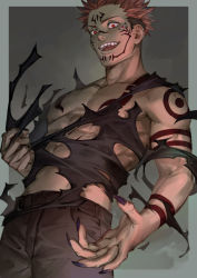 Rule 34 | 1boy, abs, akakokko (niro azarashi), arm tattoo, bad anatomy, black nails, black pants, border, chest tattoo, cowboy shot, extra eyes, facial mark, facial tattoo, fingernails, forehead mark, grey background, grey border, hair slicked back, highres, holding, holding clothes, jujutsu kaisen, pectoral cleavage, male focus, nail polish, open mouth, outside border, pants, pectorals, pink hair, red eyes, ryoumen sukuna (jujutsu kaisen), sharp fingernails, shirt, short hair, shoulder tattoo, simple background, smile, solo, spiked hair, standing, tattoo, teeth, toned, toned male, torn clothes, torn shirt, undercut