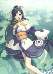 Rule 34 | 1girl, absurdly long hair, absurdres, ainu clothes, animal ears, aquaplus, black hair, breasts, cat tail, clothes lift, dress, hair between eyes, hair ornament, hair over one eye, high ponytail, highres, hmhm rouka, kuon (utawarerumono), layered sleeves, long hair, long sleeves, looking at viewer, medium breasts, nose, open mouth, orange eyes, orange sash, outdoors, ponytail, sash, scarf, side slit, sidelocks, solo, standing, swept bangs, tail, teeth, thighs, tongue, tree, utawarerumono, utawarerumono: itsuwari no kamen, very long hair, white tail, wide sleeves, yellow scarf