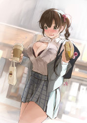 Rule 34 | 1girl, absurdres, bag, black bra, blue jacket, blue skirt, blurry, blurry background, blush, bra, breasts, brown hair, burger, cleavage, collared shirt, cup, disposable cup, food, greyscale, hair between eyes, hair ribbon, highres, holding, holding cup, holding food, jacket, large breasts, monochrome, open mouth, original, painnico, pleated skirt, popped button, ribbon, school bag, school uniform, see-through, shirt, side ponytail, skirt, solo, tearing up, tears, underwear, uniform, wardrobe malfunction, white shirt