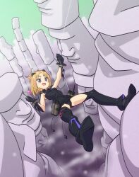 Rule 34 | 1girl, bangs pinned back, black gloves, black leotard, blonde hair, blush, boots, bracelet, breasts, cable, commentary request, crystal, flip flappers, fog, full body, furrowed brow, gloves, green sky, hand up, holding, jewelry, leotard, light particles, looking at viewer, magari (c0rn3r), medium breasts, medium hair, moai, multicolored hair, object floating above hand, pillar, purple eyes, raised eyebrow, rappelling, short eyebrows, shoulder pads, skyline, sleeveless, smile, solo, stack, streaked hair, thigh boots, yayaka