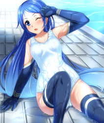 Rule 34 | ;o, alternate costume, bare shoulders, black gloves, black thighhighs, blue eyes, blue hair, blush, breasts, elbow gloves, gloves, gradient hair, kantai collection, long hair, looking at viewer, multicolored hair, one-piece swimsuit, one eye closed, poolside, samidare (kancolle), school swimsuit, small breasts, solo, swept bangs, swimsuit, thighhighs, very long hair, white one-piece swimsuit, white school swimsuit, zanntetu