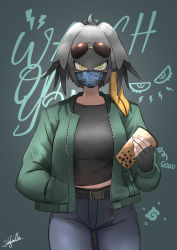 Rule 34 | 1girl, belt, black gloves, black hair, bubble tea, commentary, cup, denim, disposable cup, drink, english commentary, expressionless, fingerless gloves, gloves, green jacket, grey hair, hair between eyes, head wings, highres, holding, holding cup, holding drink, jacket, japari symbol, jeans, john (a2556349), kemono friends, looking at viewer, mask, midriff peek, mouth mask, multicolored hair, orange hair, pants, pocket, shirt, shoebill (kemono friends), short hair, sidelocks, solo, staring, sunglasses, tsurime, wings