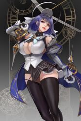 Rule 34 | 1girl, blade, blue eyes, blue hair, breasts, cglas, cleavage cutout, clothing cutout, detached sleeves, gloves, highres, holding, holding weapon, holocouncil, hololive, hololive english, large breasts, lips, looking at viewer, ouro kronii, propeller, sideboob, smile, underboob, virtual youtuber, weapon