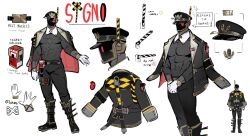Rule 34 | 1boy, bara, black footwear, black hat, black jacket, black pants, boots, character sheet, collared jacket, commentary, english commentary, english text, full body, ghost k1n, gloves, hat, highres, jacket, jacket on shoulders, looking at viewer, male focus, military hat, muscular, muscular male, no mouth, no shirt, original, own hands together, pants, railroad signal, red eyes, signo (ghost k1n), simple background, standing, white background, white gloves