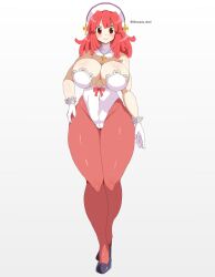 Rule 34 | 1girl, absurdres, breasts, cleavage, curvy, disgaea, dismania (xenoman), full body, gloves, highres, la pucelle, large breasts, leotard, pantyhose, prier, red eyes, red hair, short hair, smile, solo, thick thighs, thighs, wide hips