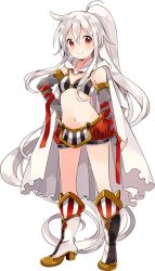 Rule 34 | 1girl, absurdly long hair, blush, boots, bra, breasts, cape, chiya (urara meirochou), cleavage, detached sleeves, floating hair, full body, hair between eyes, hand on own hip, high heel boots, high heels, high ponytail, knee boots, long hair, looking at viewer, midriff, navel, official art, red eyes, red shorts, short shorts, shorts, silver hair, small breasts, smile, solo, standing, stomach, striped bra, striped clothes, transparent background, underwear, urara meirochou, very long hair, white cape