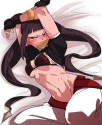 Rule 34 | 1girl, aiba-tsukiko, alternate costume, alternate hairstyle, angry, bdsm, bed sheet, bikini, bikini top only, black gloves, black hair, blush, bondage, bound, bound arms, breasts, capcom, cleavage, dagger, fingerless gloves, gloves, han juri, knife, long hair, looking at viewer, lying, midriff, navel, on back, sideboob, solo, street fighter, street fighter iv (series), swimsuit, twintails, underboob, weapon