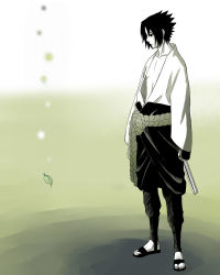 Rule 34 | 1boy, 3outchange, black hair, full body, gradient background, leaf, male focus, monochrome, naruto, naruto (series), solo, uchiha sasuke