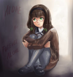 Rule 34 | 10s, 1girl, brown hair, crying, crying with eyes open, english text, glasses, green eyes, hair ornament, hairband, hugging own legs, long hair, ninjaham, pantyhose, sad, selector wixoss, sitting, solo, tears, uemura hitoe, wixoss