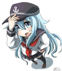 Rule 34 | 1girl, anchor symbol, aoba (akibajun), black sailor collar, black thighhighs, blue eyes, brown footwear, commentary request, dated, flat cap, foreshortening, full body, hat, hibiki (kancolle), highres, horosho, kantai collection, loafers, long hair, looking at viewer, neckerchief, open mouth, perspective, pleated skirt, red neckerchief, sailor collar, school uniform, serafuku, shadow, shoes, silver hair, simple background, skirt, solo, standing, thighhighs, twitter username, white background