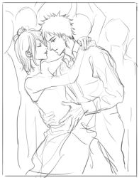 Rule 34 | 1boy, 1girl, arms around neck, breasts, closed eyes, closed mouth, dancing, dress, flower, hair flower, hair ornament, hetero, highres, konan (naruto), light smile, lipstick, looking at another, makeup, monochrome, naruto (series), naruto shippuuden, pants, shirt, short hair, siinnk, sketch, sleeveless, small breasts, uchiha obito