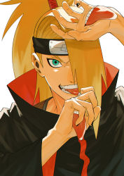 Rule 34 | 1boy, akatsuki (naruto), akatsuki uniform, arm up, blonde hair, commentary request, deidara (naruto), extra mouth, forehead protector, green eyes, hair over one eye, hand up, highres, long hair, looking at viewer, male focus, mirin (coene65), naruto, naruto (series), ponytail, portrait, smile, solo, teeth, tongue, tongue out, v-shaped eyebrows