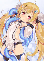 Rule 34 | 1girl, ahoge, arms up, azur lane, between legs, blonde hair, breasts, covered navel, detached sleeves, dress, eldridge (azur lane), electricity, hair ornament, hairclip, highres, long hair, red eyes, shi ecchi, short dress, side slit, small breasts, solo, tentacles, thighhighs, twintails, very long hair, white dress, white thighhighs, zettai ryouiki